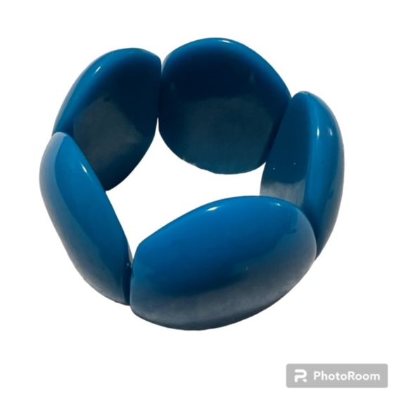 Chunky Retro 80s 90s Blue Teal Large Flat Beads Elastic Bracelet - Picture 1 of 7
